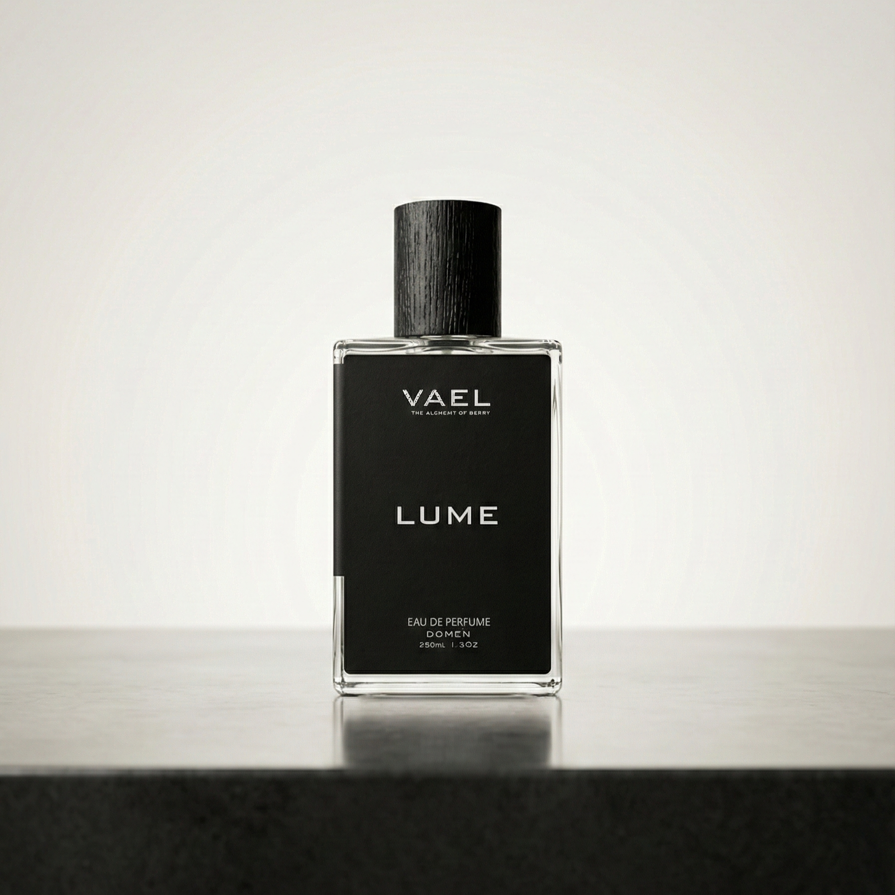 Vael Lume perfume bottle on a reflective surface with a light gray background