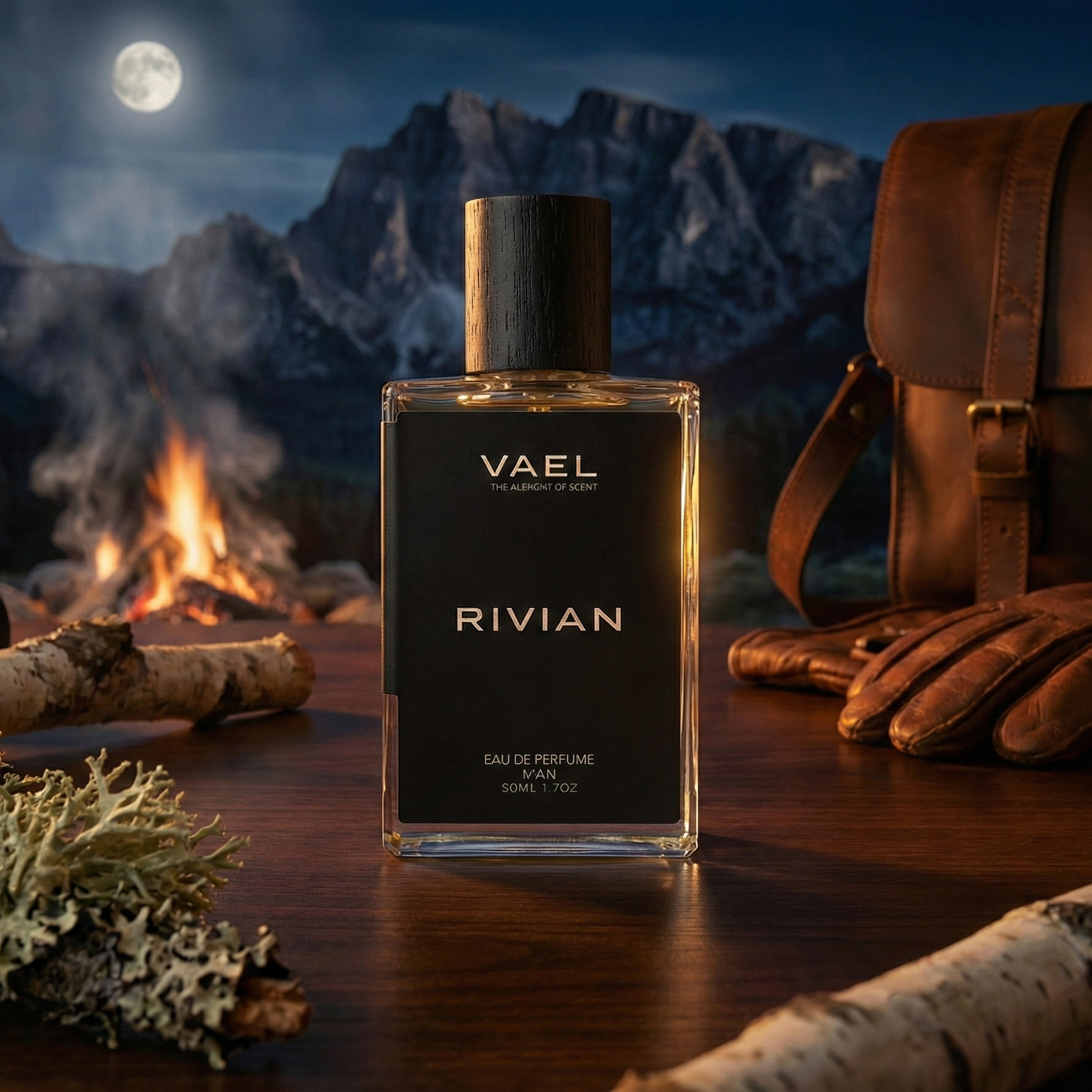 Vael Rivian perfume bottle on a wooden surface with a mountain and fire background