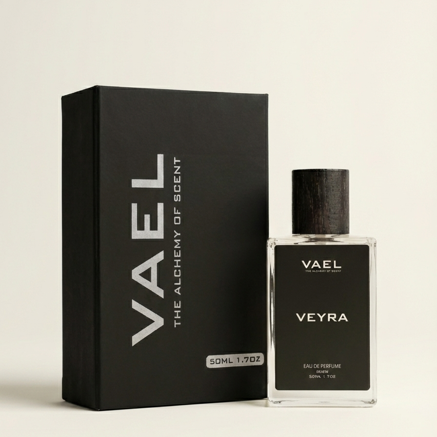 Vael Veyra perfume bottle and packaging on a beige background